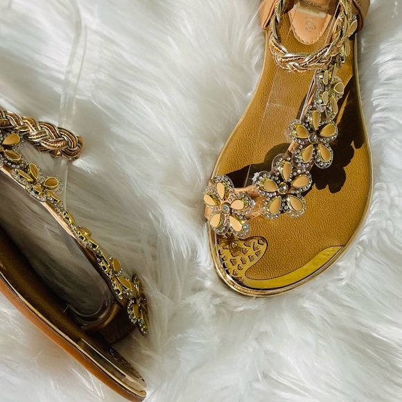 Tan Floral Rhinestone Embellished Braided Flat Sandal - Picture 5 of 9